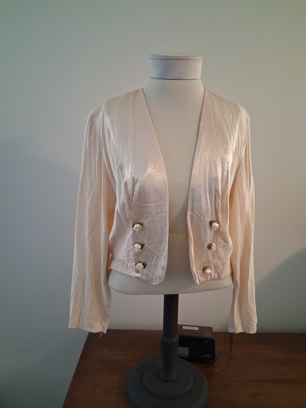 Wild Rose Pale Cream Open Front Blazer with Rose Bud Accents